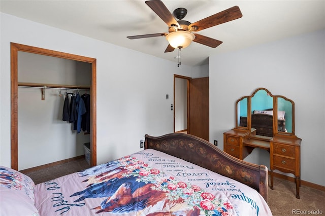 carpeted bedroom featuring a closet and ceiling fan