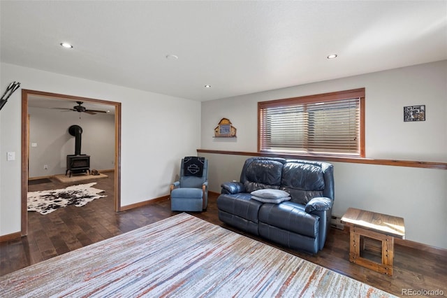 living room featuring dark wood-type flooring and a wood stove