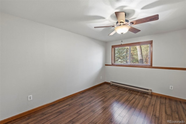 empty room with dark wood-type flooring, ceiling fan, and a baseboard radiator