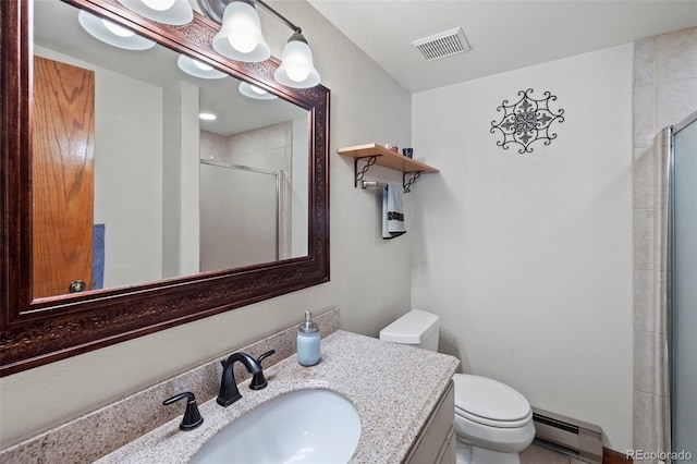 bathroom with a shower with door, baseboard heating, vanity, and toilet