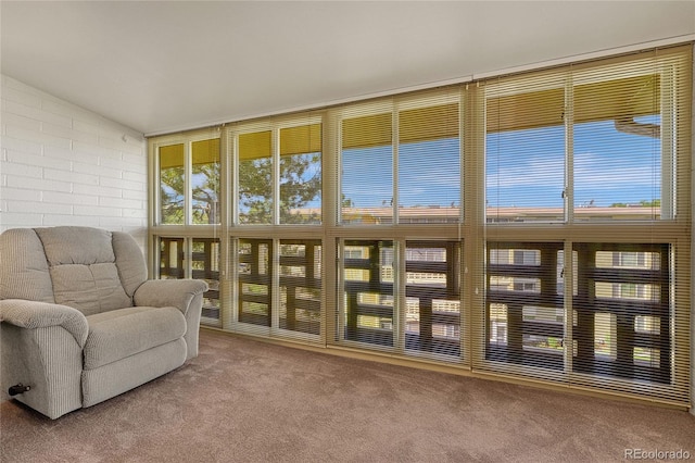 living area with brick wall, carpet, and vaulted ceiling