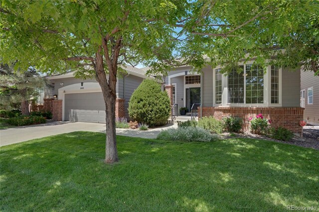 1001 Deer Clover Way, Castle Pines, CO 80108 - view of property hidden behind natural elements with brick siding, driveway, and a front yard