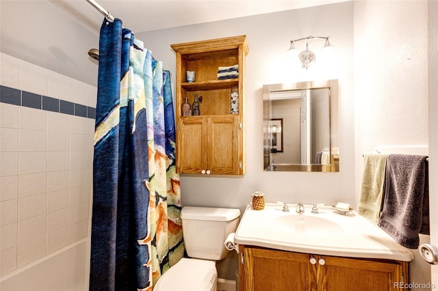 bathroom with toilet, shower / bath combination with curtain, and vanity
