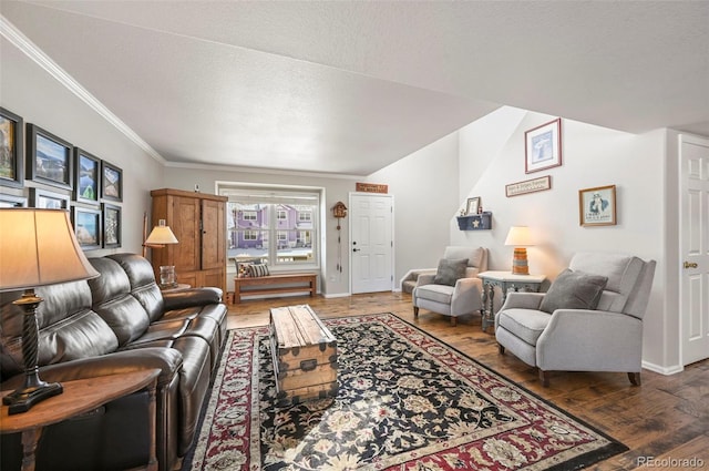 living area with dark wood-type flooring, ornamental molding, a textured ceiling, and baseboards