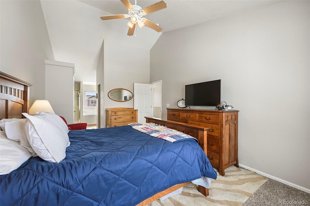 carpeted bedroom featuring ceiling fan, high vaulted ceiling, and baseboards