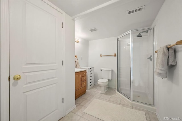 bathroom with a stall shower, visible vents, and vanity