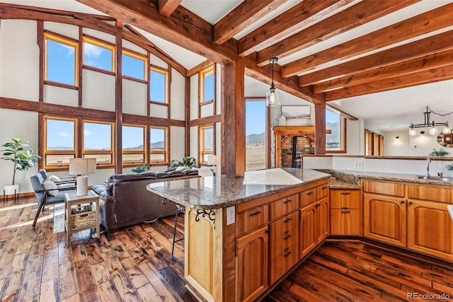kitchen with a peninsula, light stone countertops, dark wood-style flooring, and a sink