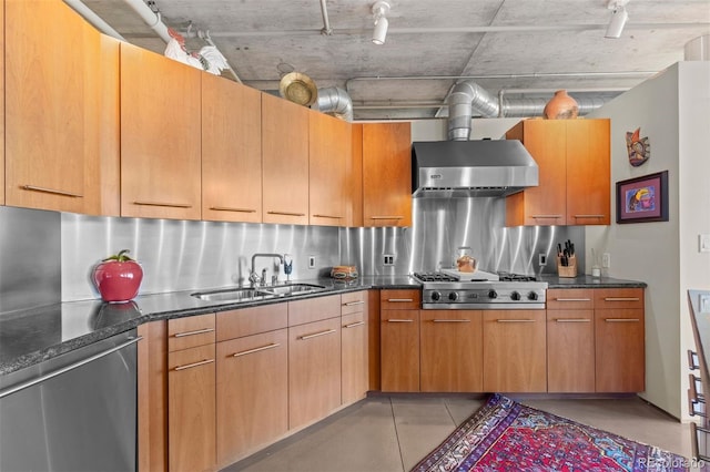 1610 Little Raven St Unit 502, Denver, CO 80202 - kitchen with stainless steel appliances, dark stone counters, backsplash, and wall chimney exhaust hood