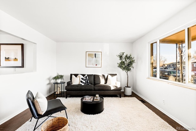 living room with dark hardwood / wood-style floors