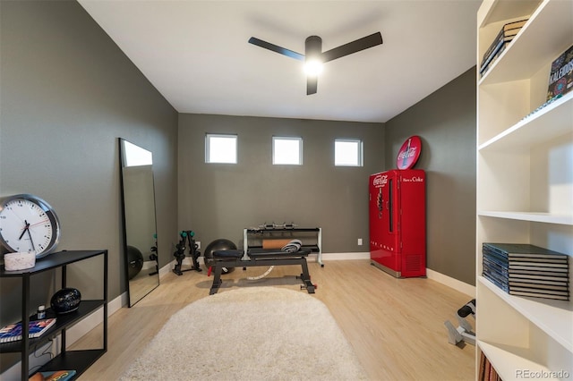 8071 E 29th Ave, Denver, CO 80238 - workout room featuring ceiling fan, wood finished floors, and baseboards