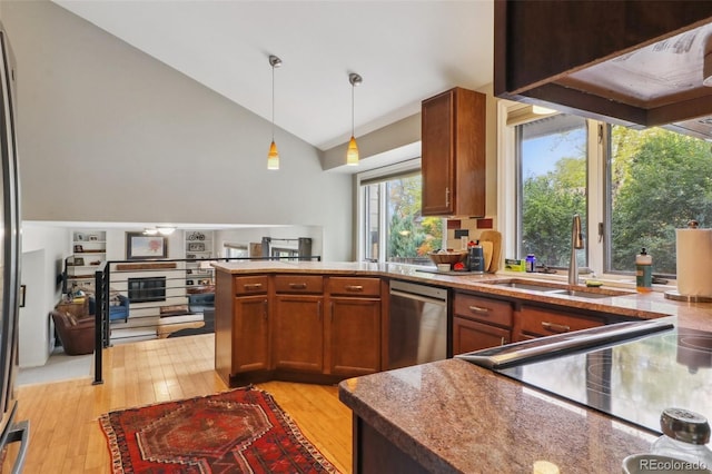 kitchen with dishwasher, light hardwood / wood-style flooring, pendant lighting, and vaulted ceiling