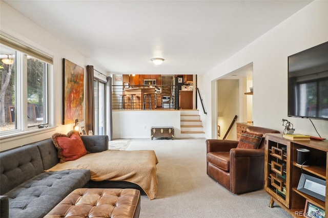 living room featuring light carpet