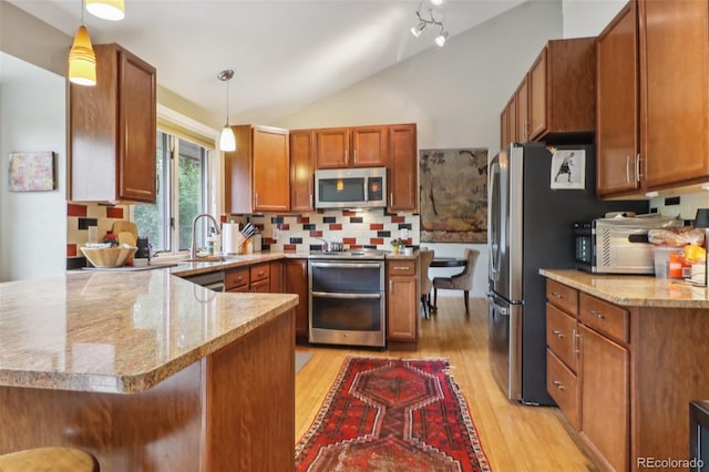 kitchen with kitchen peninsula, pendant lighting, stainless steel appliances, and light hardwood / wood-style flooring