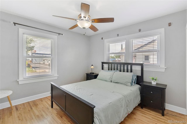 bedroom featuring ceiling fan and light hardwood / wood-style floors