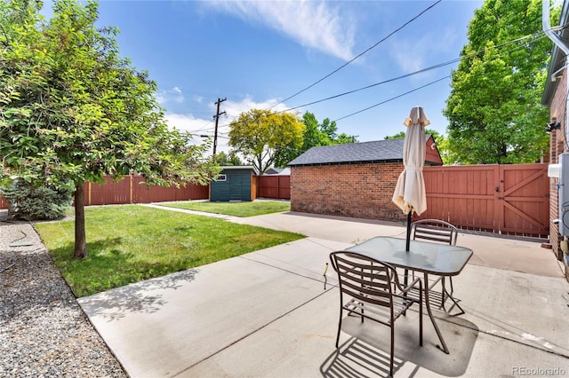 view of patio with a storage shed