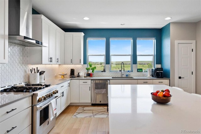 15020 Cast Pebble Cir, Parker, CO 80134 - kitchen with wall chimney range hood, stainless steel appliances, a sink, light wood finished floors, and decorative backsplash