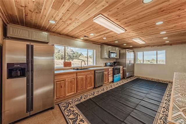 kitchen with a wealth of natural light, stainless steel appliances, sink, and wooden ceiling