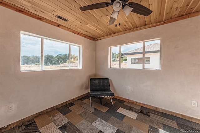 7727 County Road 521, Walsenburg, CO 81089 - unfurnished room with visible vents, baseboards, wooden ceiling, and a ceiling fan