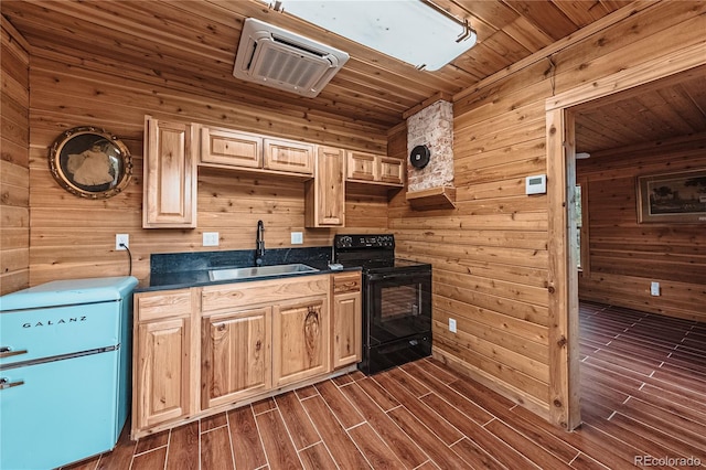 kitchen featuring black range with electric cooktop, wood walls, sink, and wood ceiling