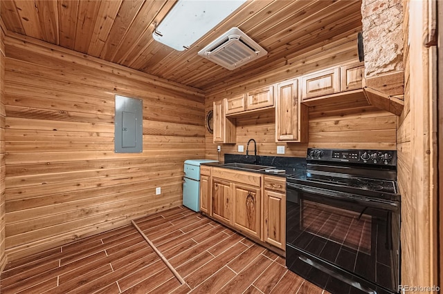 kitchen featuring electric panel, wooden walls, sink, and black range with electric cooktop