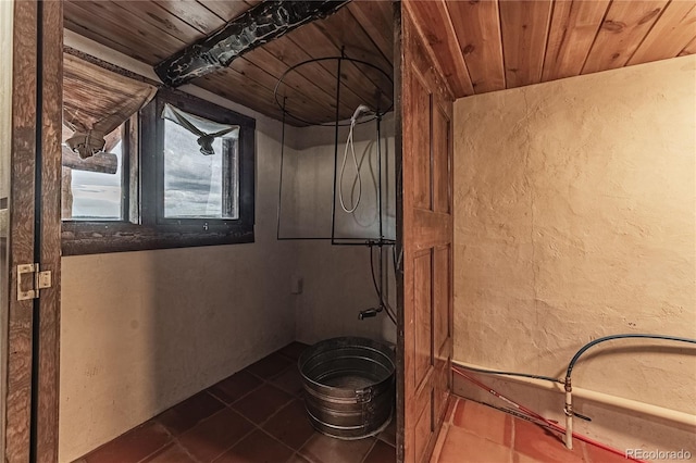 7727 County Road 521, Walsenburg, CO 81089 - laundry area featuring tile patterned floors, wood ceiling, and a textured wall