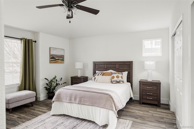 bedroom with multiple windows, baseboards, and wood finished floors