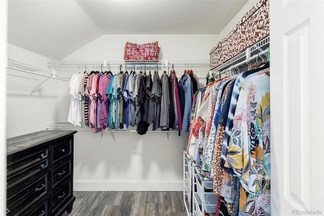 spacious closet with vaulted ceiling and wood finished floors