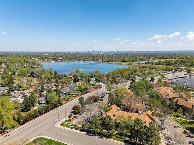 aerial view of residential area featuring a large body of water