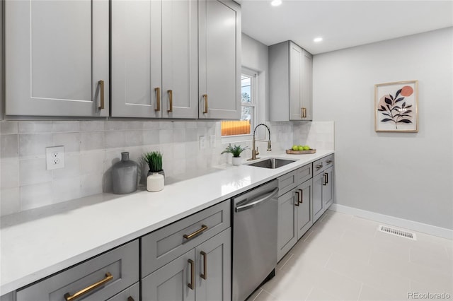 kitchen with gray cabinets, dishwasher, decorative backsplash, and sink