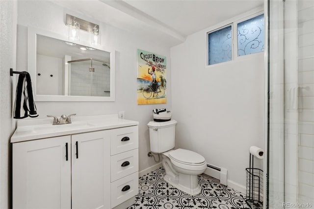 27436 Kennedy Gulch Rd, Conifer, CO 80433 - bathroom with baseboard heating, vanity, a stall shower, and tile patterned flooring