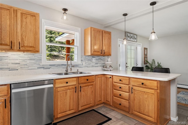 27436 Kennedy Gulch Rd, Conifer, CO 80433 - kitchen with stainless steel dishwasher, a peninsula, decorative backsplash, and light countertops