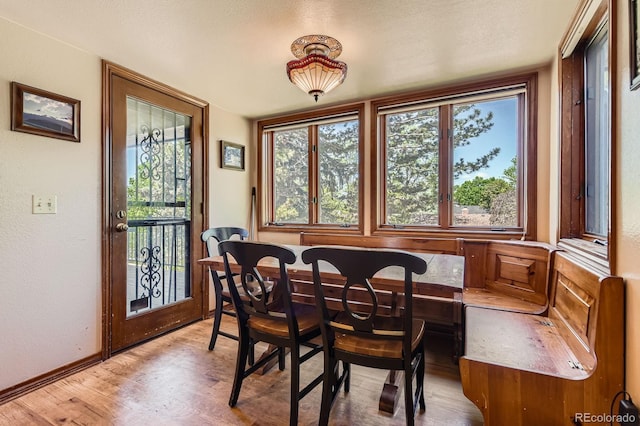 6663 S Prescott Way, Littleton, CO 80120 - dining space with light wood-type flooring, baseboards, and a textured wall