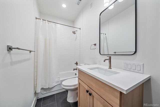 bathroom featuring tile patterned flooring, visible vents, toilet, shower / tub combo with curtain, and vanity