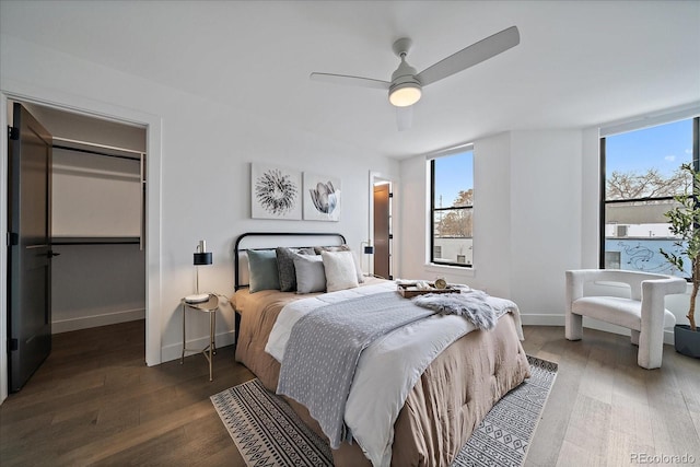 bedroom with a ceiling fan, a spacious closet, wood finished floors, and baseboards