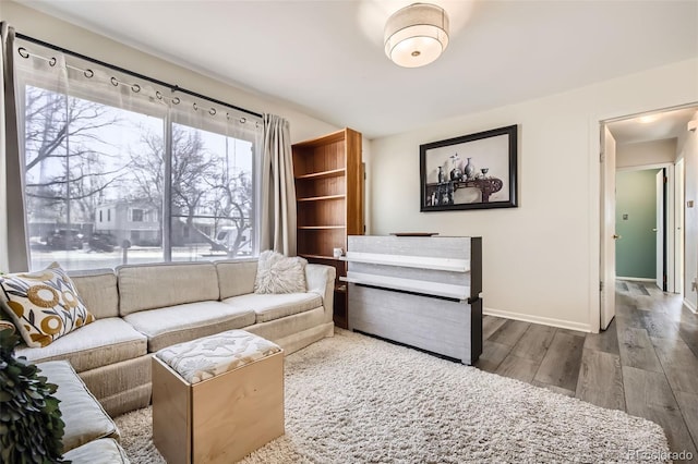 living area with baseboards and wood finished floors