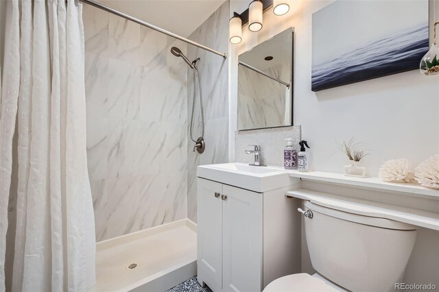 bathroom with toilet, a stall shower, tasteful backsplash, and vanity