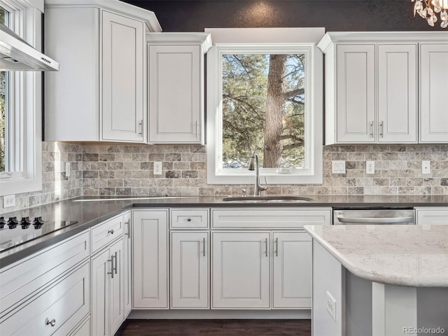 kitchen with white cabinetry, sink, wall chimney exhaust hood, stainless steel dishwasher, and black electric stovetop