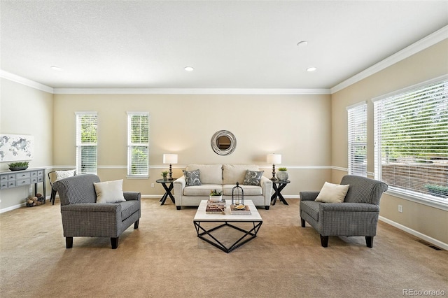 10368 Bluffmont Dr, Lone Tree, CO 80124 - living room featuring healthy amount of natural light, crown molding, light colored carpet, and recessed lighting