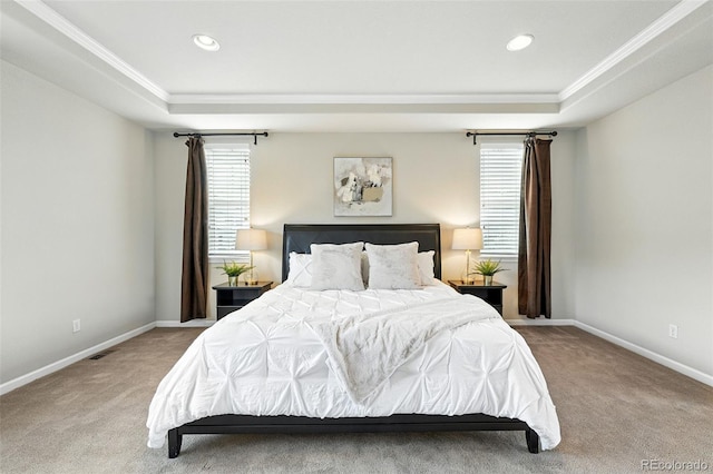 10368 Bluffmont Dr, Lone Tree, CO 80124 - carpeted bedroom with a tray ceiling, ornamental molding, and recessed lighting