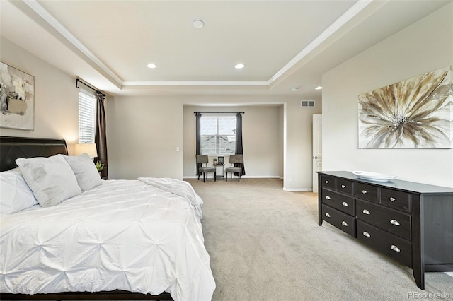 10368 Bluffmont Dr, Lone Tree, CO 80124 - bedroom with a raised ceiling, multiple windows, light carpet, and recessed lighting