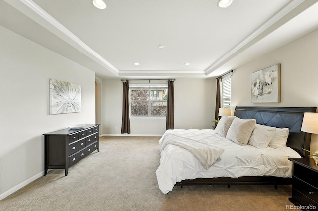 10368 Bluffmont Dr, Lone Tree, CO 80124 - bedroom with recessed lighting, a tray ceiling, and light colored carpet