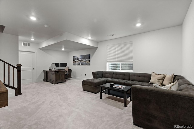 11187 W 53rd Dr, Wheat Ridge, CO 80033 - living room with light colored carpet, recessed lighting, and stairs