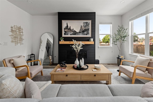 11187 W 53rd Dr, Wheat Ridge, CO 80033 - living room with a large fireplace, wood finished floors, and recessed lighting