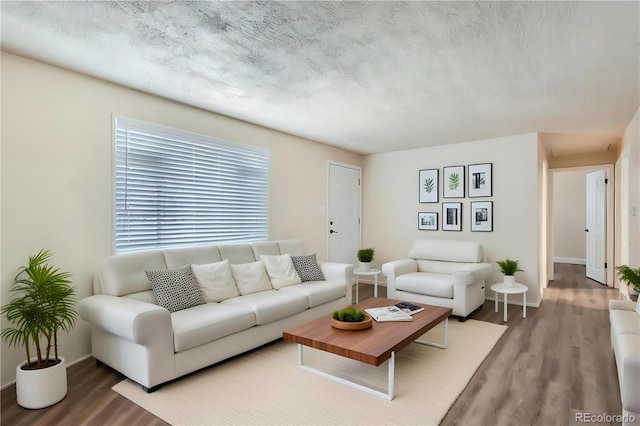 living room with hardwood / wood-style floors and a textured ceiling