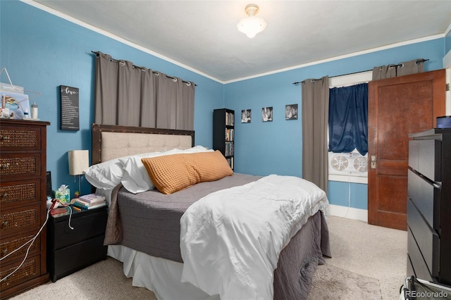 bedroom with light carpet and crown molding