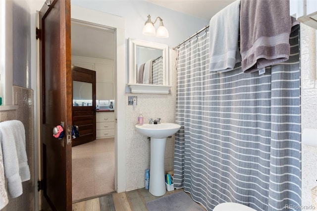 bathroom with wood finished floors and a sink