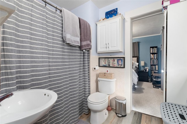 ensuite bathroom with wood finished floors, toilet, and a sink