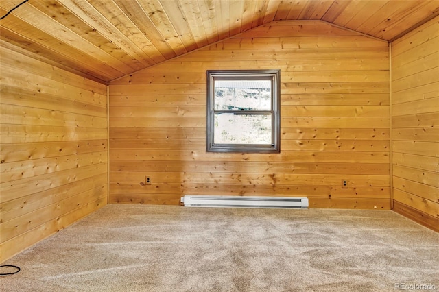 carpeted spare room featuring wooden walls and wooden ceiling