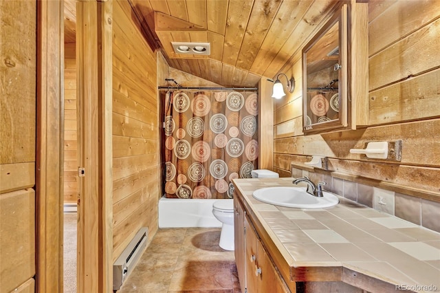 full bathroom featuring vaulted ceiling, vanity, shower / bath combination with curtain, wooden ceiling, and toilet