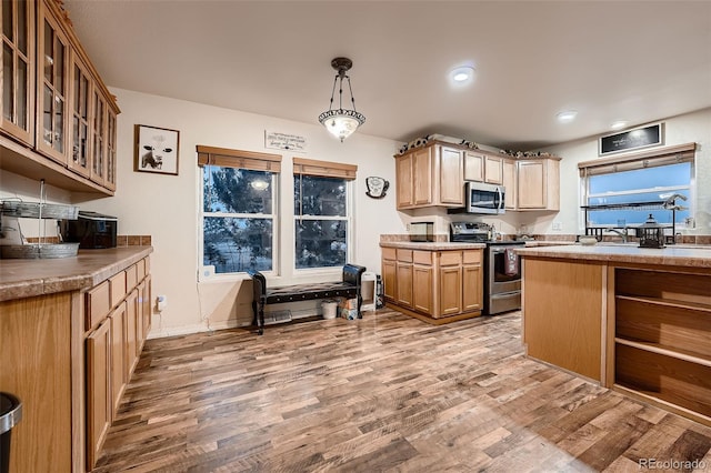 kitchen featuring decorative light fixtures, light wood-type flooring, and appliances with stainless steel finishes